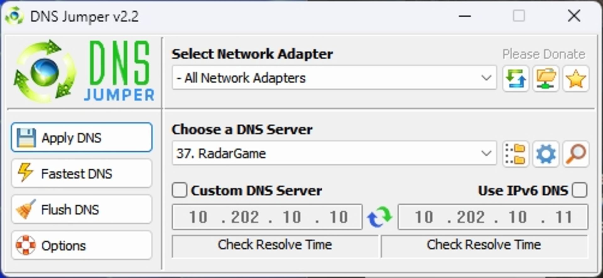 صفحه‌ی اصلی نرم‌افزار DNS Jumper
