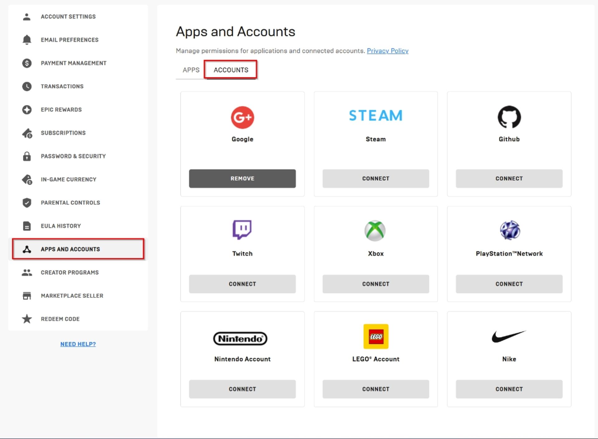 بخش Apps and Accounts در تنظیمات اکانت اپیک گیمز و انتخاب یک پلتفرم برای متصل کردن 