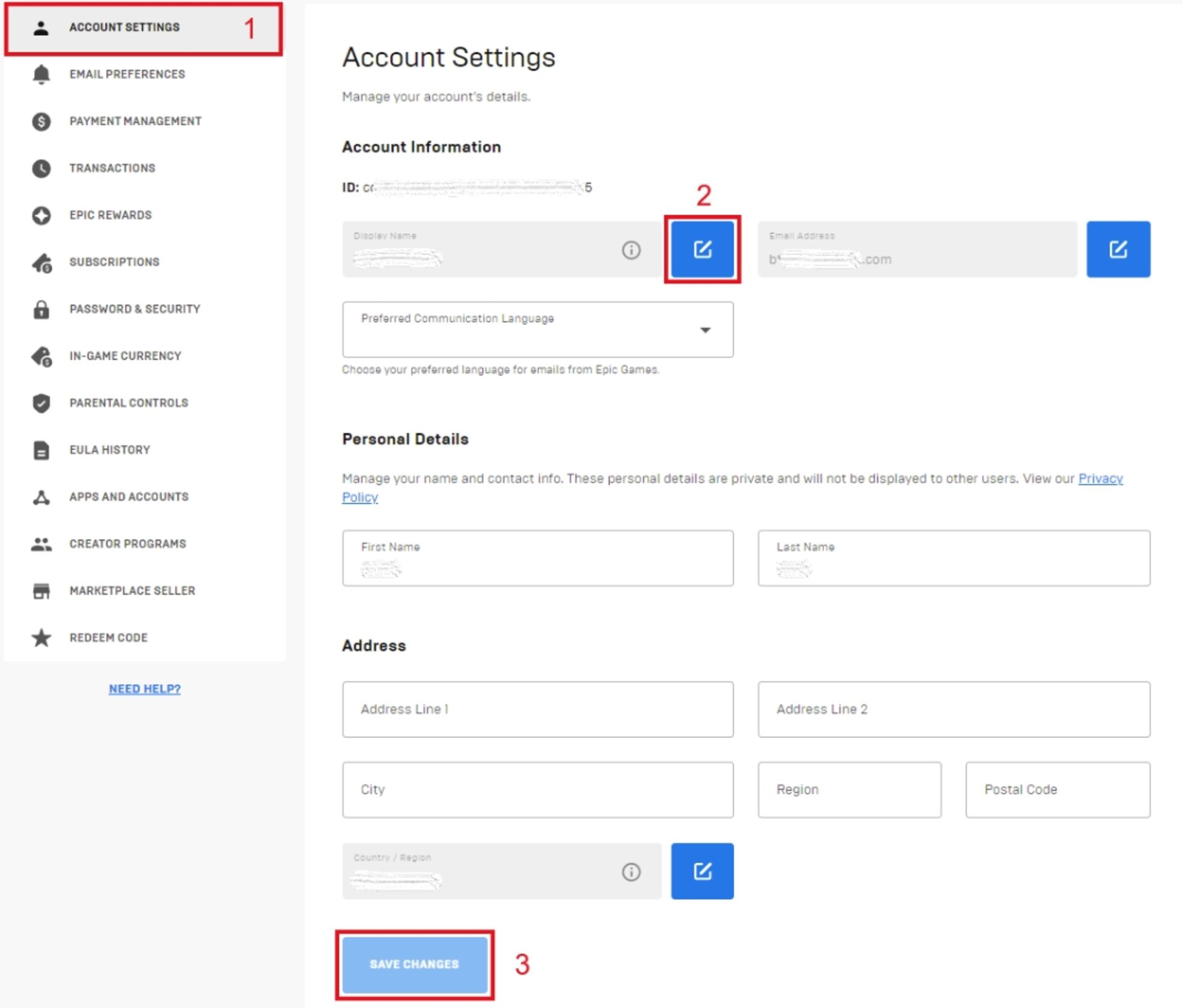 فرآیند تغییر نام نمایشی اکانت اپیک گیمز در تنظیمات اکانت