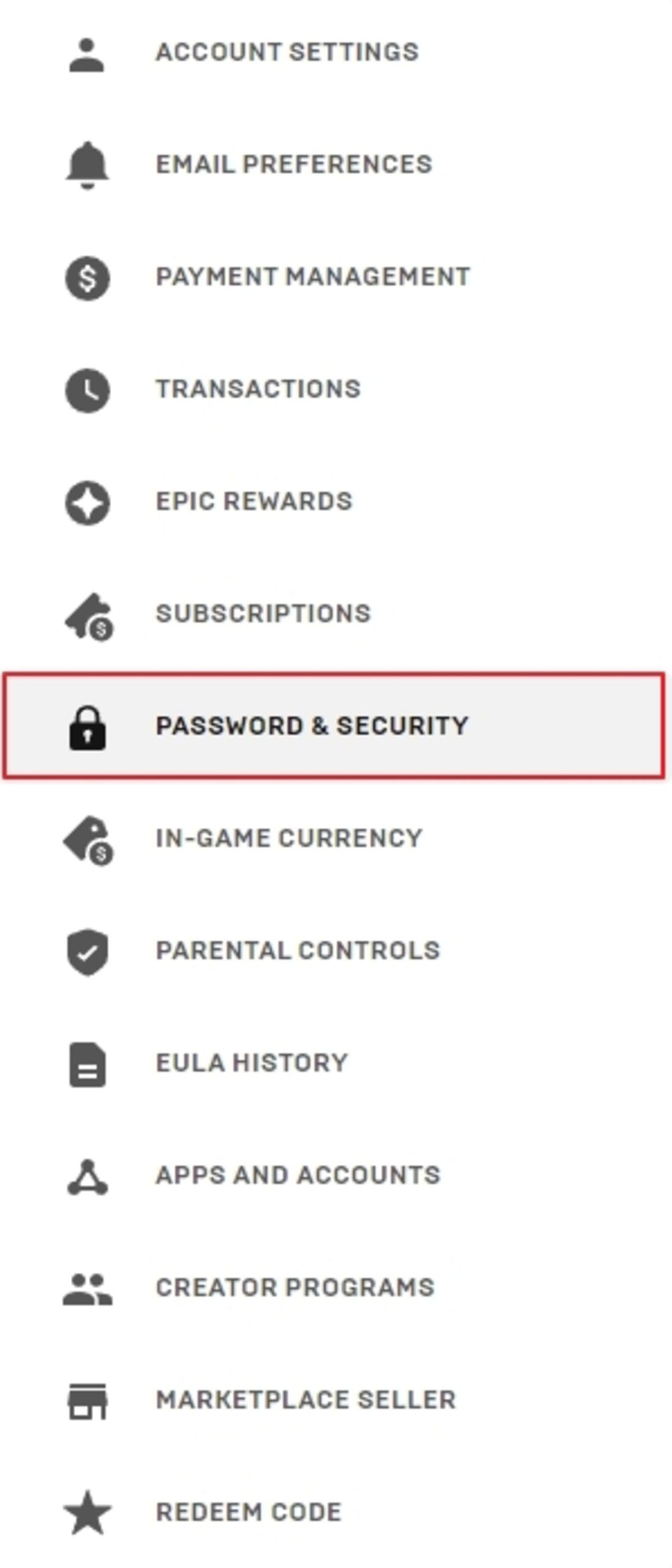 انتخاب گزینه‌ی Password and Security در صفحه‌ی حساب اپیک گیمز
