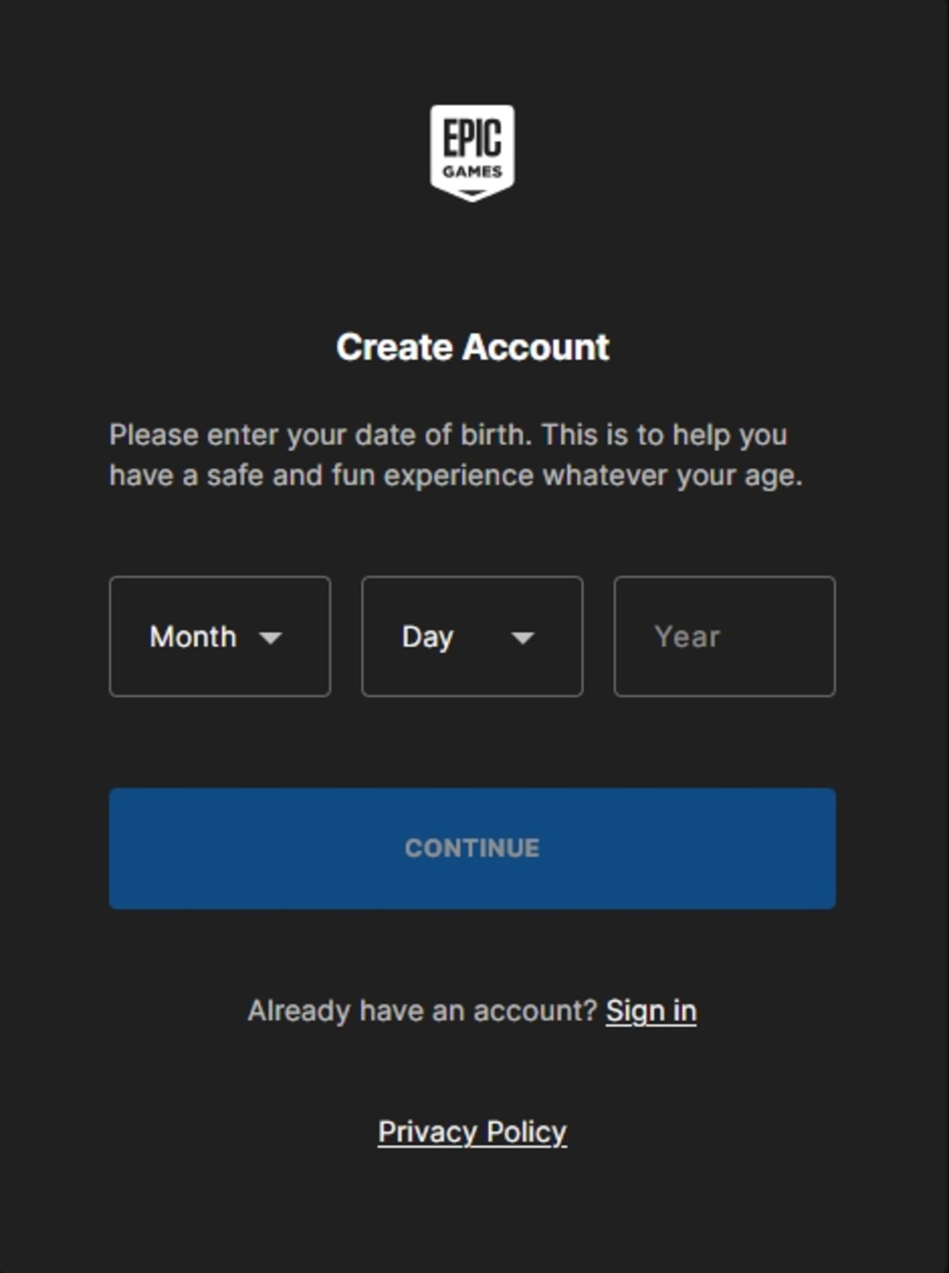 فرم وارد کردن تاریخ تولد برای ساخت اکانت در اپیک گیمز