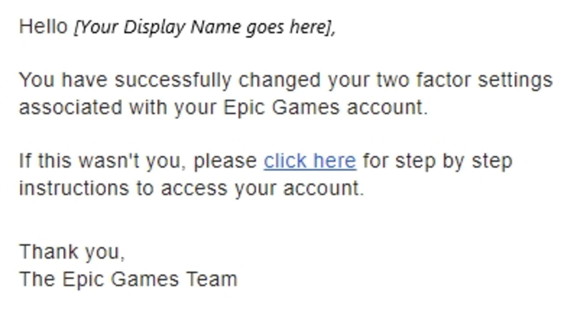 ایمیل ارسال شده از طرف اپیک گیمز مبنی بر فعال شدن تأیید دو مرحله‌ای اکانت
