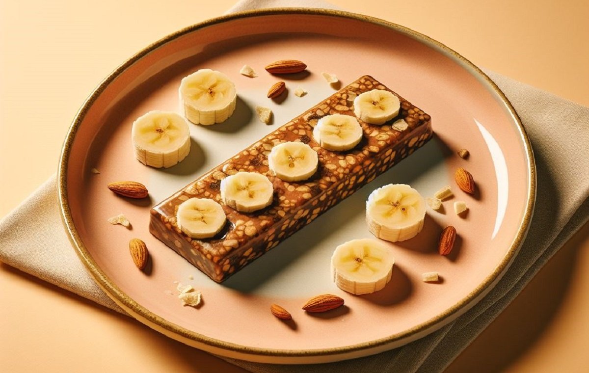 یک پروتئین بار خانگی با موز و بادام در تصویر است