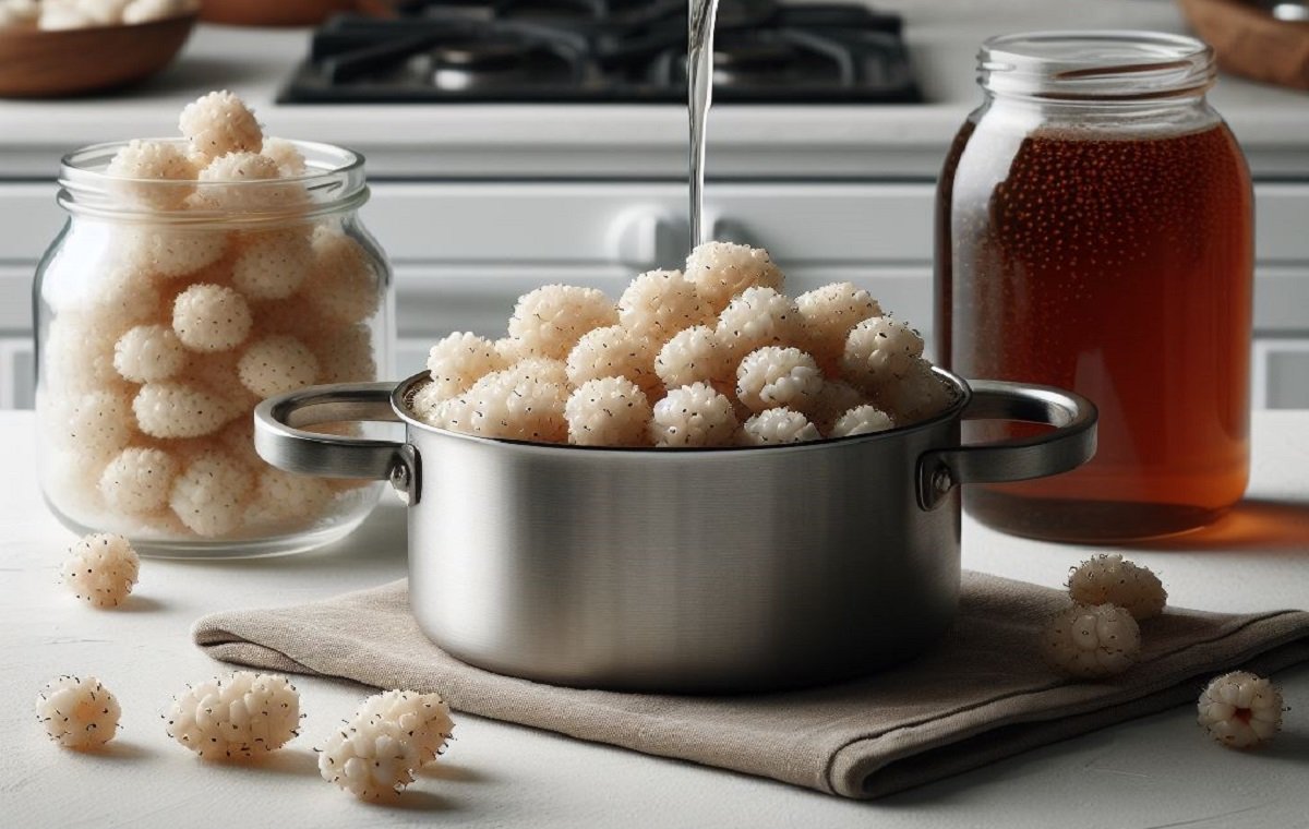 روی گاز توت و آب مخلوط شده و در حال پختن برای تهیه شیره توت است