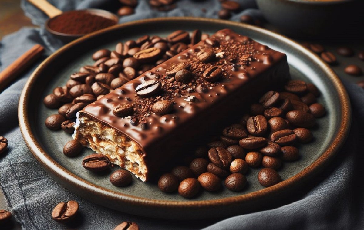 A protein bar with coffee beans on a dark brown porcelain plate یک پروتئین بار خانگی با دانه های قهوه روی یک بشقاب چینی سورمه ای رنگ است