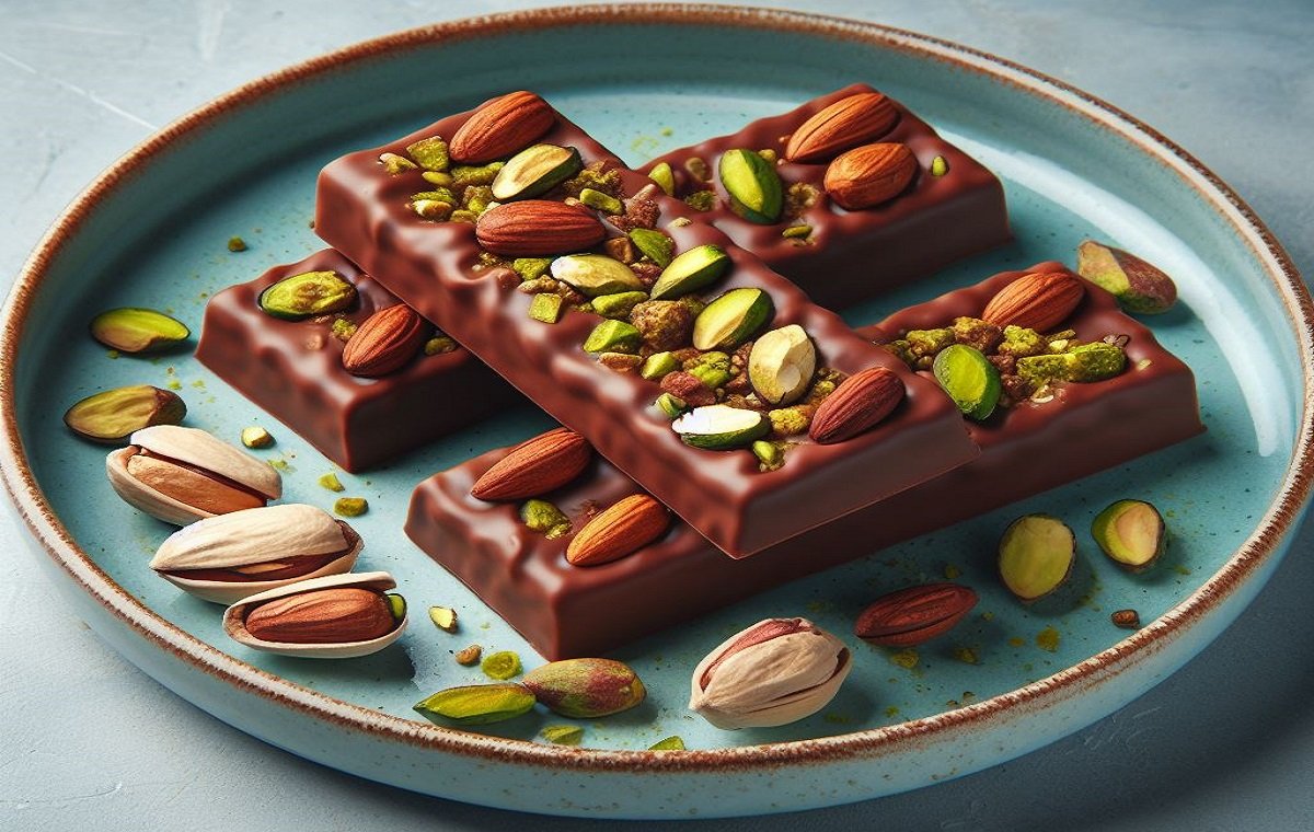 یک پروتئین بار خانگی با موز و بادام و پسته در تصویر است