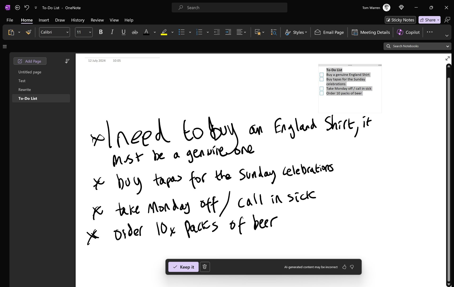 دست‌نوشته‌ی انگلیسی در اپلیکیشن OneNote
