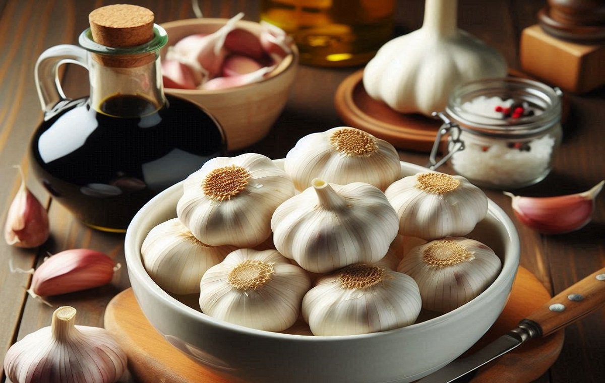 مقداری گل سیر تازه و یک شیشه سرکه روی یک میز با کلاش برای درست کردن سیر ترشی خانگی در تصویر است