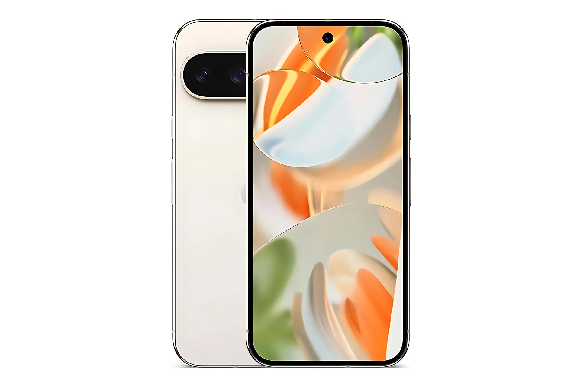 پیکسل ۹ پرو گوگل در رنگ سفید (نمای پشت و جلوی گوشی)