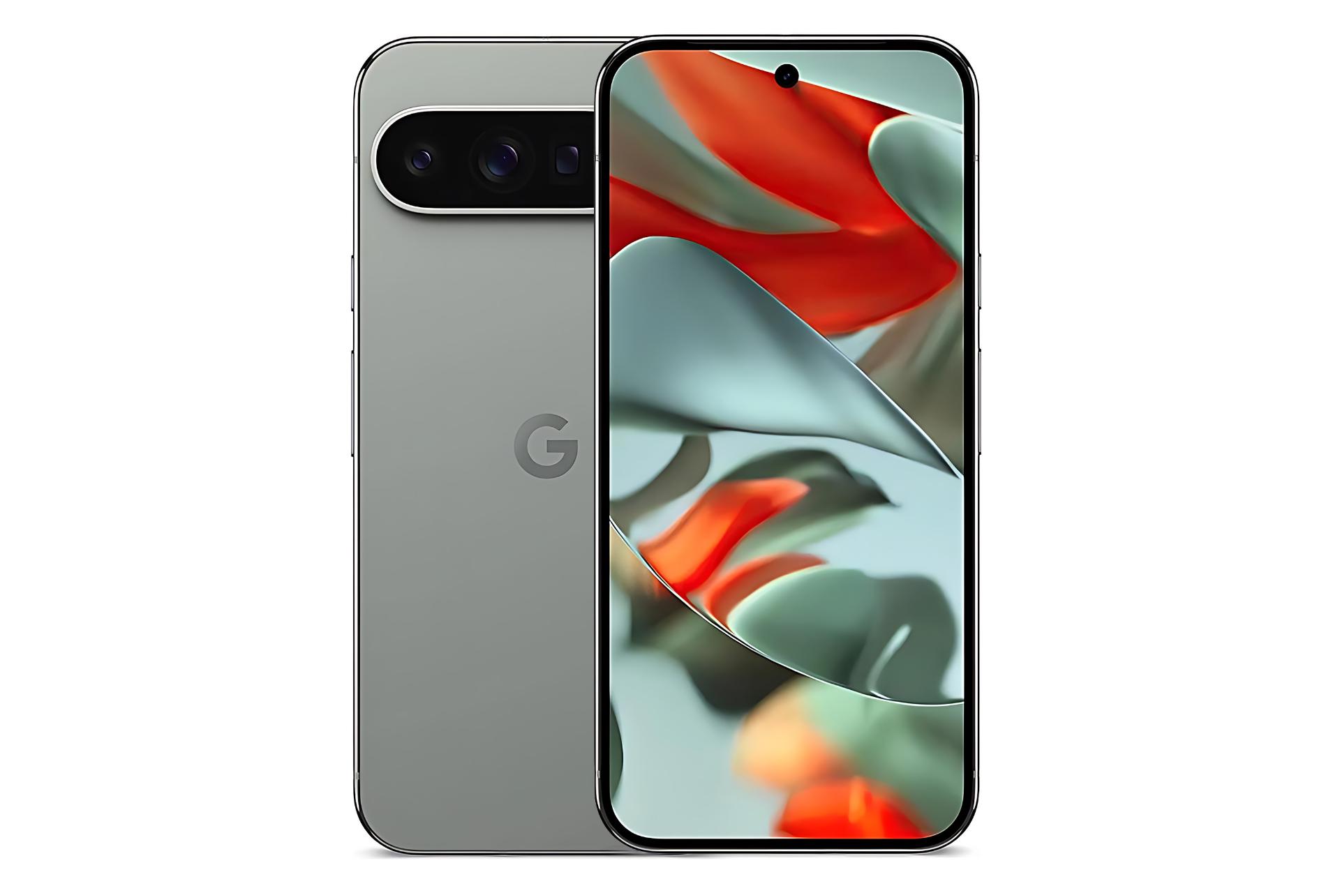 پیکسل ۹ پرو ایکس ال گوگل در رنگ سبز (نمای پشت و جلوی گوشی)