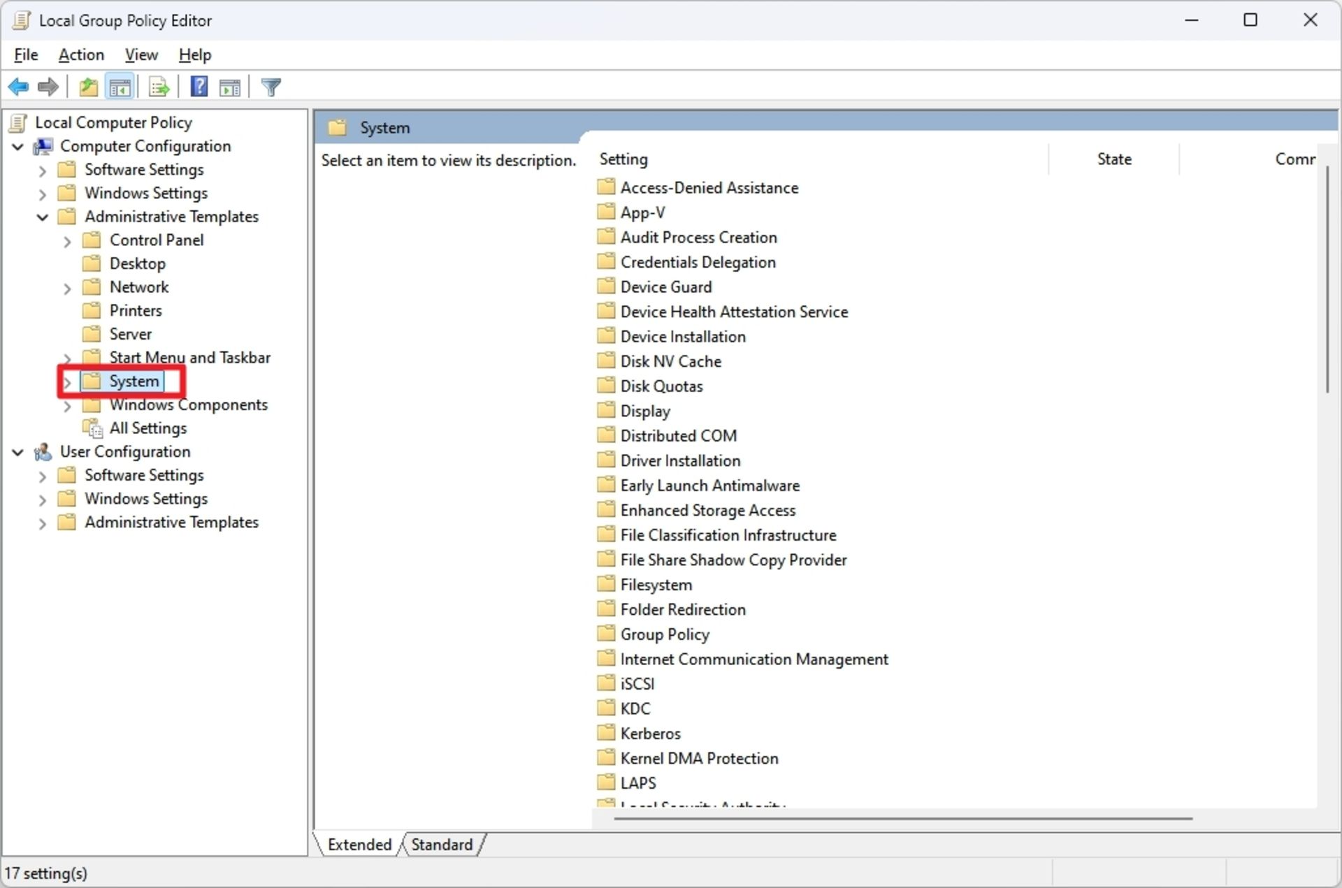 پنجره‌ی Local Group Policy Editor ویندوز و انتخاب زیرگروه System در گروه Administrative Templates