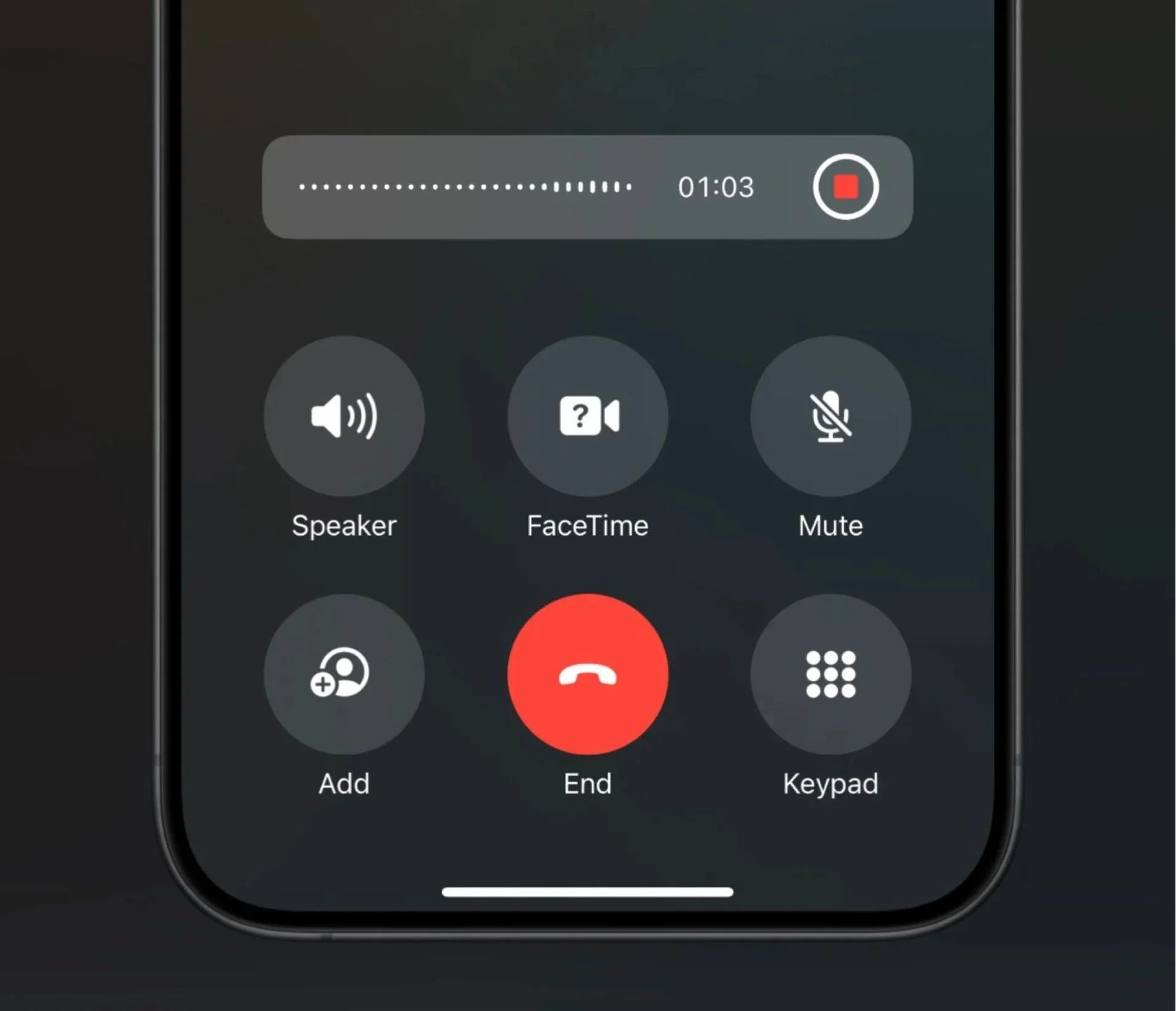 نمای پایین نمایشگر آیفون درحال ضبط مکالمه تلفنی