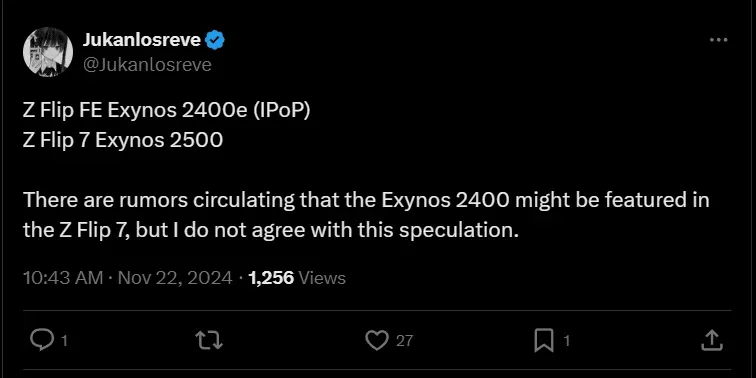 تصویری از توییت منتشر شده درباره اطلاعات تراشه های گوشی های تاشو جدید سامسونگ