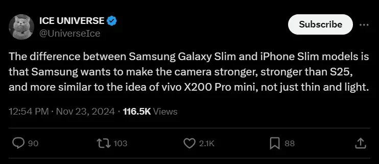 تصویری از توییت کاربر درباره گلکسی S25 اسلیم