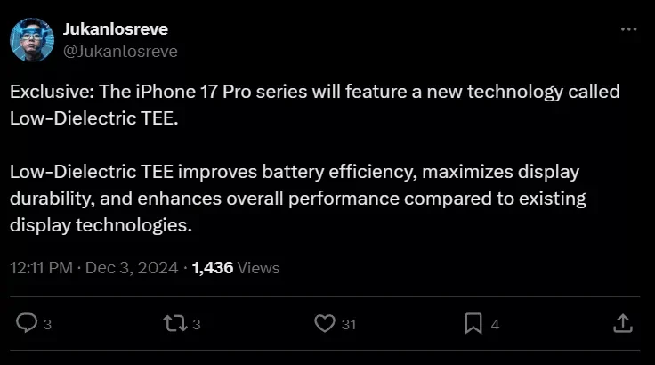 توییت مربوط به تکنولوژی جدید در سری آیفون ۱۷ پرو