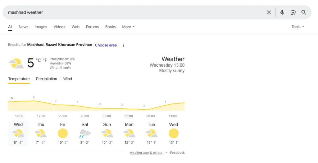 پیش‌بینی هوا در گوگل