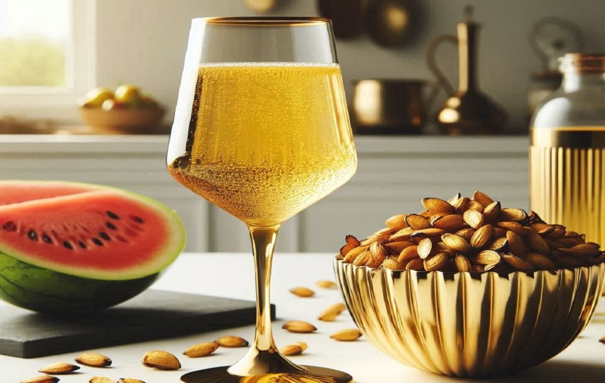 جوشانده تخمه هندوانه درون یک لیوان شیشه‌ای بالبه طلایی درون یک آشپزخانه با دکور سفید و بزرگ است