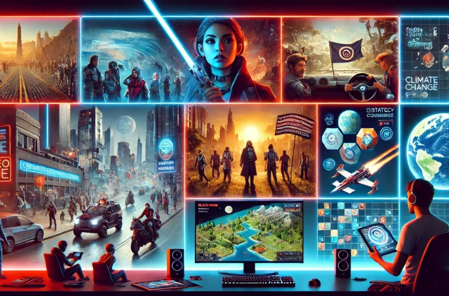 DALL·E 2025 02 18 10.44.56 A digital illustration of various engaging video games that address political and social issues. The image showcases a futuristic gaming setup with mu